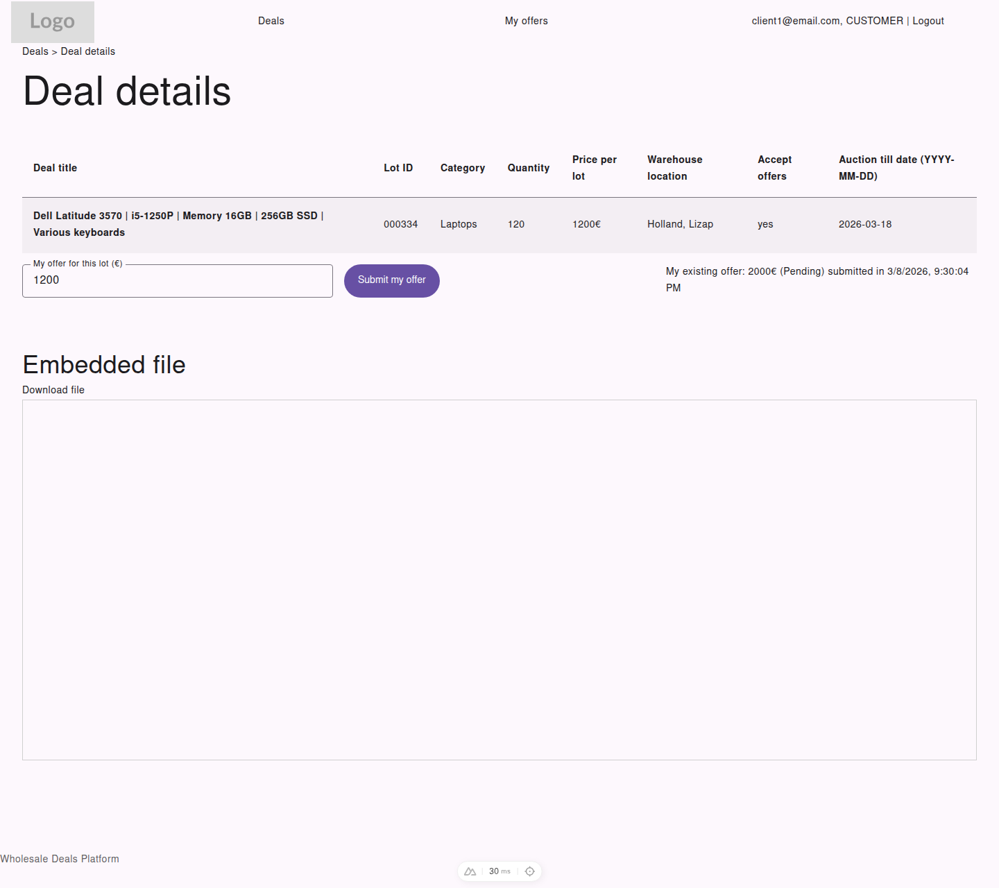 Customer deal action area with offer submission