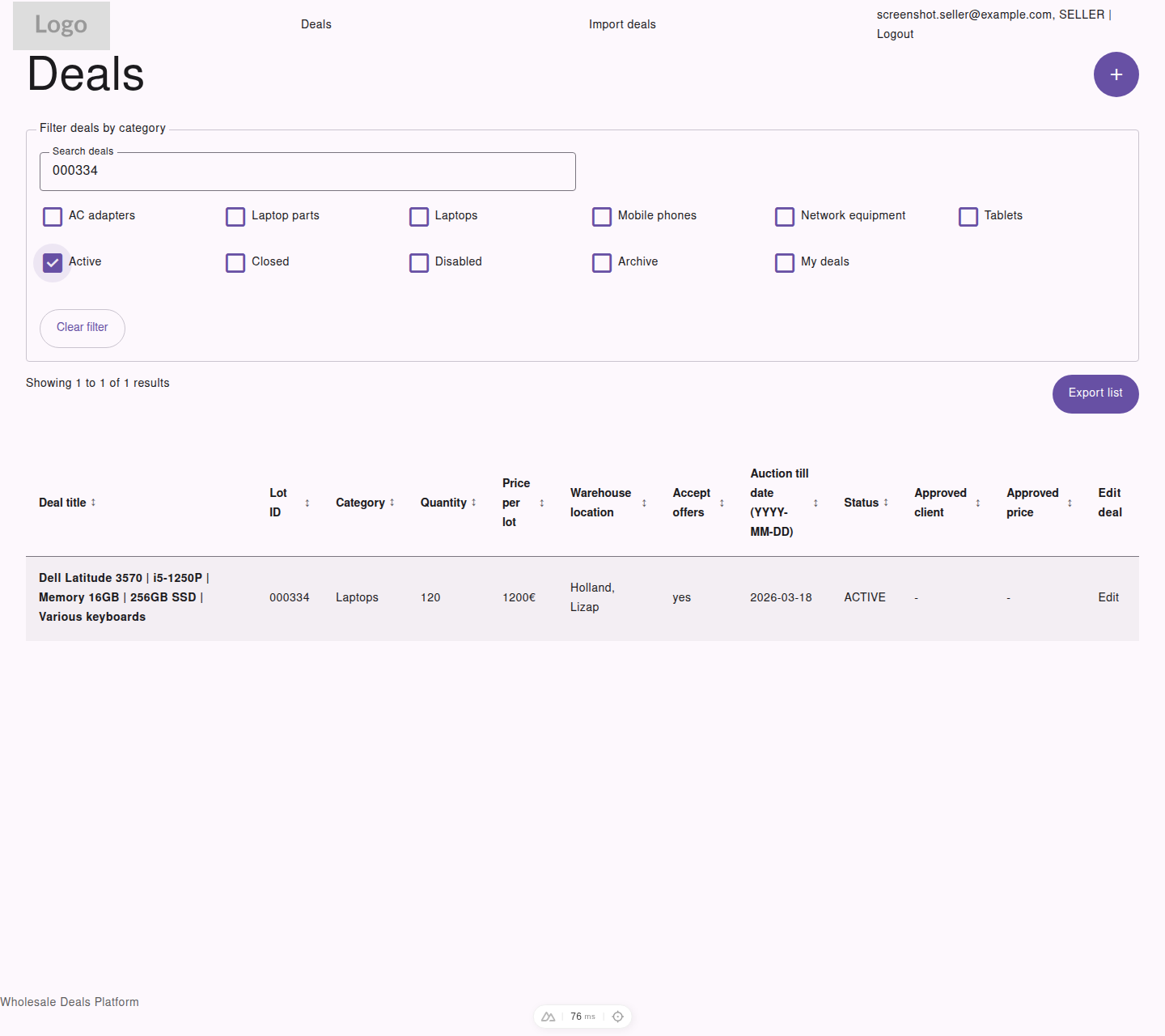 Seller deals list with filters and export