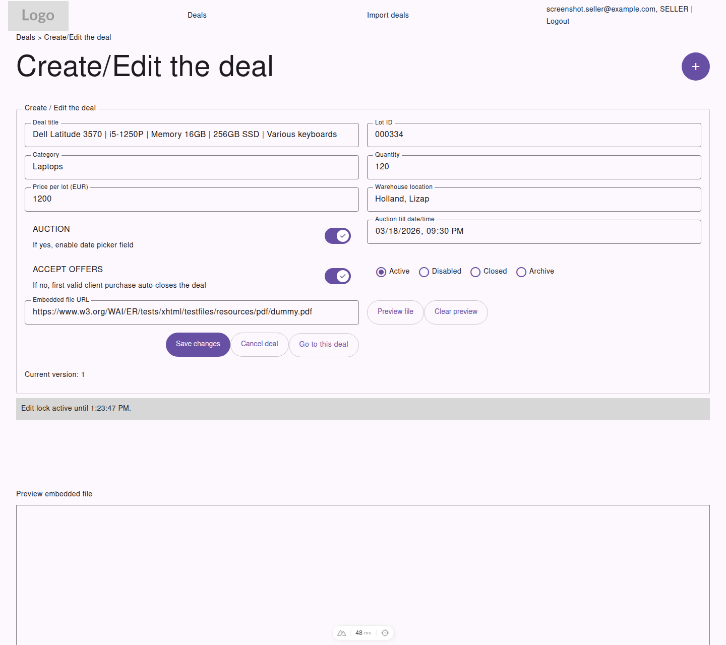 Seller edit form with active lock