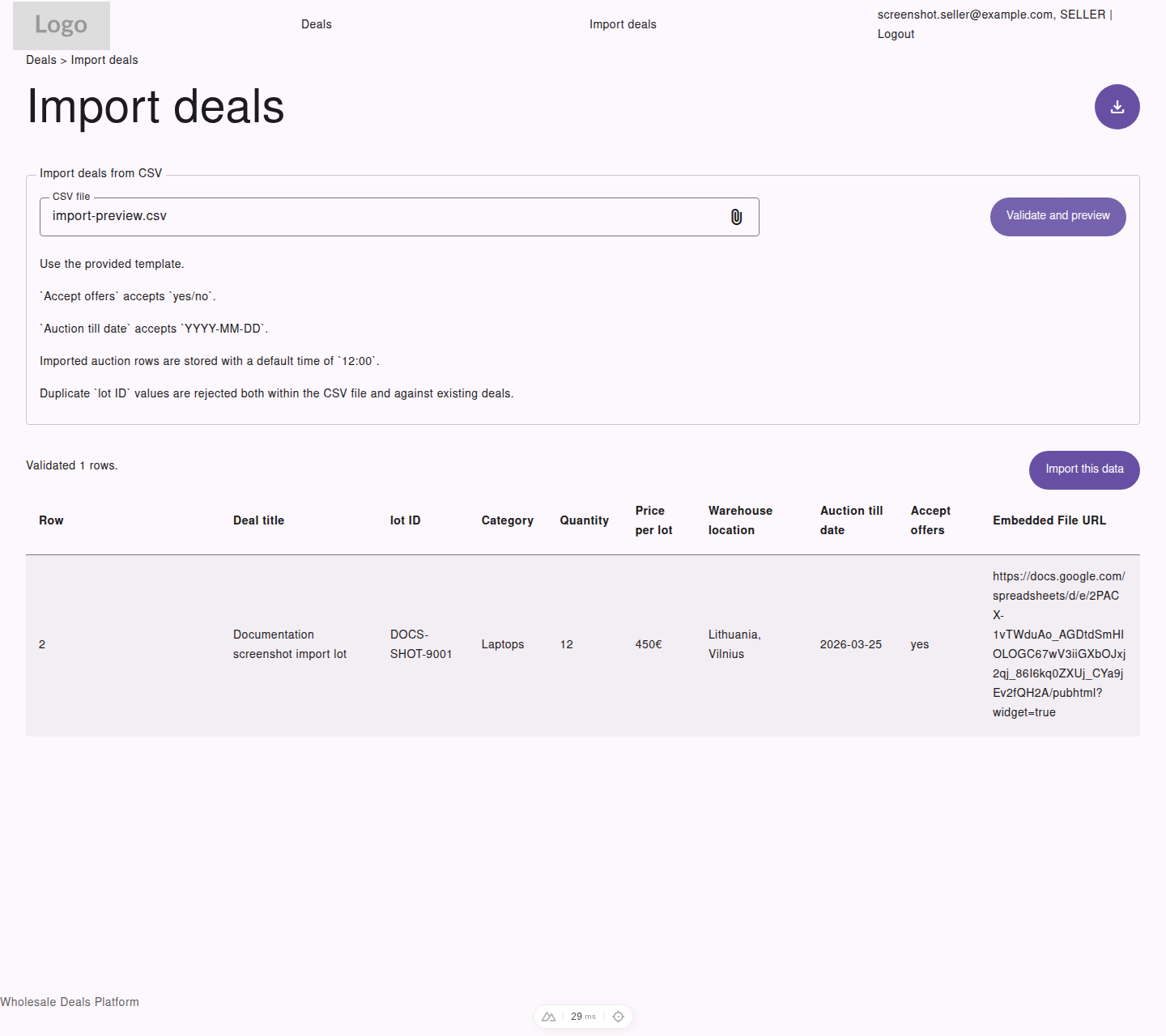 Seller import deals preview